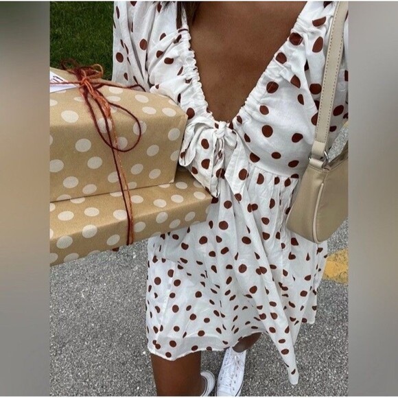 Abercrombie & Fitch XS Polka Dot Mini Dress Tie Cinch Front White Brown Puff - Picture 2 of 6
